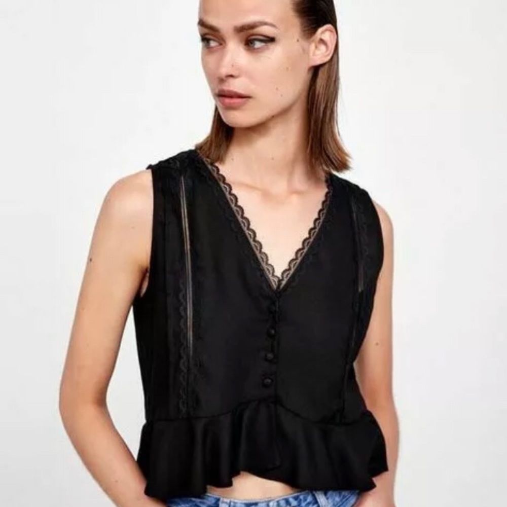 NWT Zara Lace Peplum Top In Black Size XS